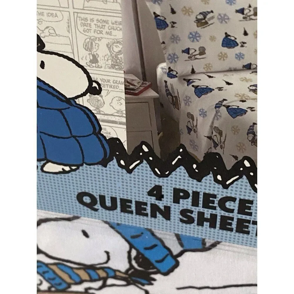 Peanuts Snoopy Puffy Coat QUEEN SZ Sheet Set Christmas Puffer Jacket White‎ Blue